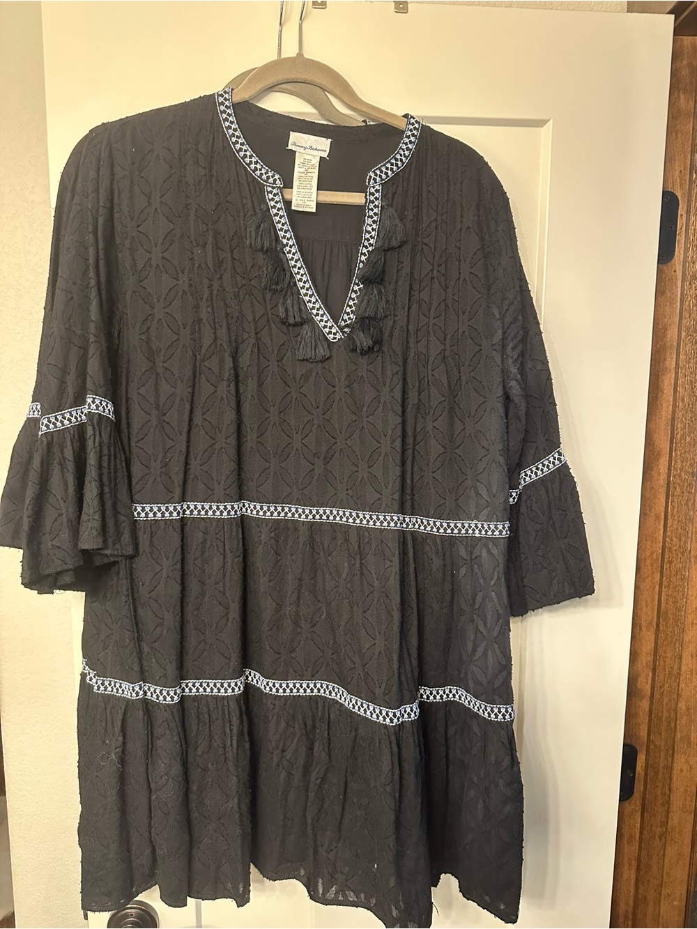 Tommy Bahama Black Embroidered Tiered Women's Dress with Tassel V-Neck. Size EUC